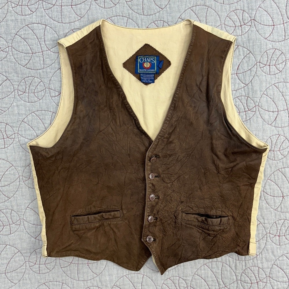 VTG‎ Chaps Ralph Lauren Vest Brown Leather Cotton Western / Men's XL